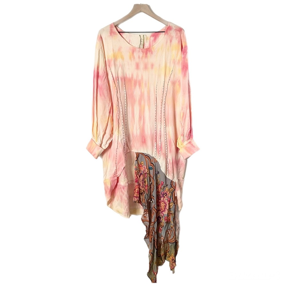 NEW Aratta Silent Journey Pink Yellow Tie Dye Asymmetrical Floral Top Medium
